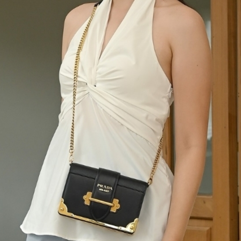 Brand New! RARE! Authenticated Prada CAHIER BAG Black and Gold Chain Bag. - Picture 11 of 16